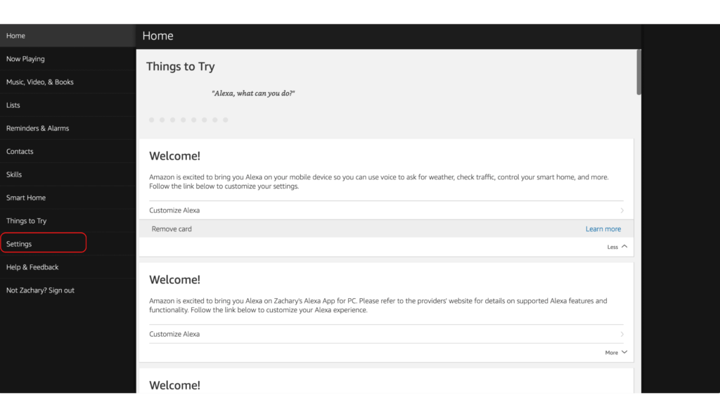 Selecting the Settings menu on the Alexa web app