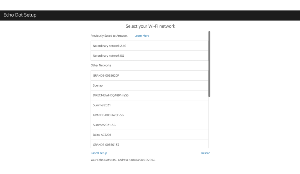 Selecting your Wi-Fi network in the Alexa web app