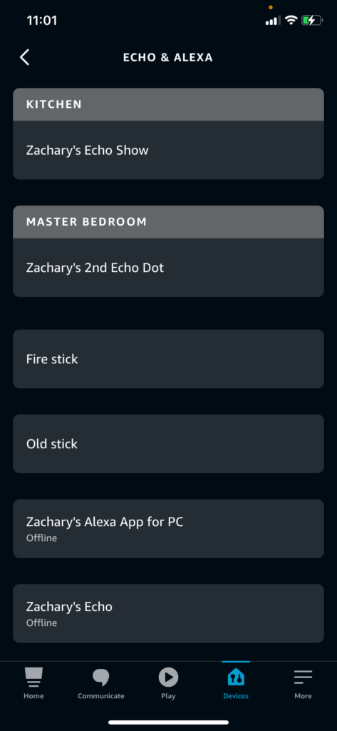 The list of your Echo devices in the Alexa iPhone app