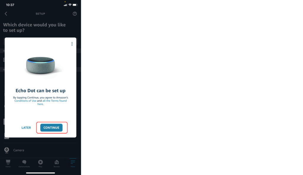 The confirmation screen for setting up your Echo in the Alexa app