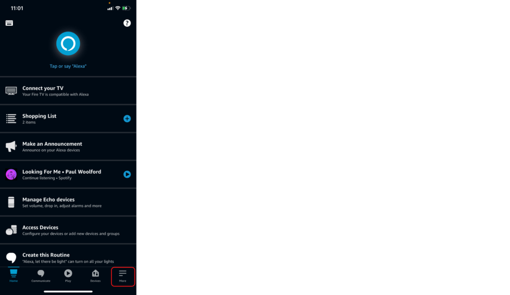 The Amazon Alexa app, showing the More tab