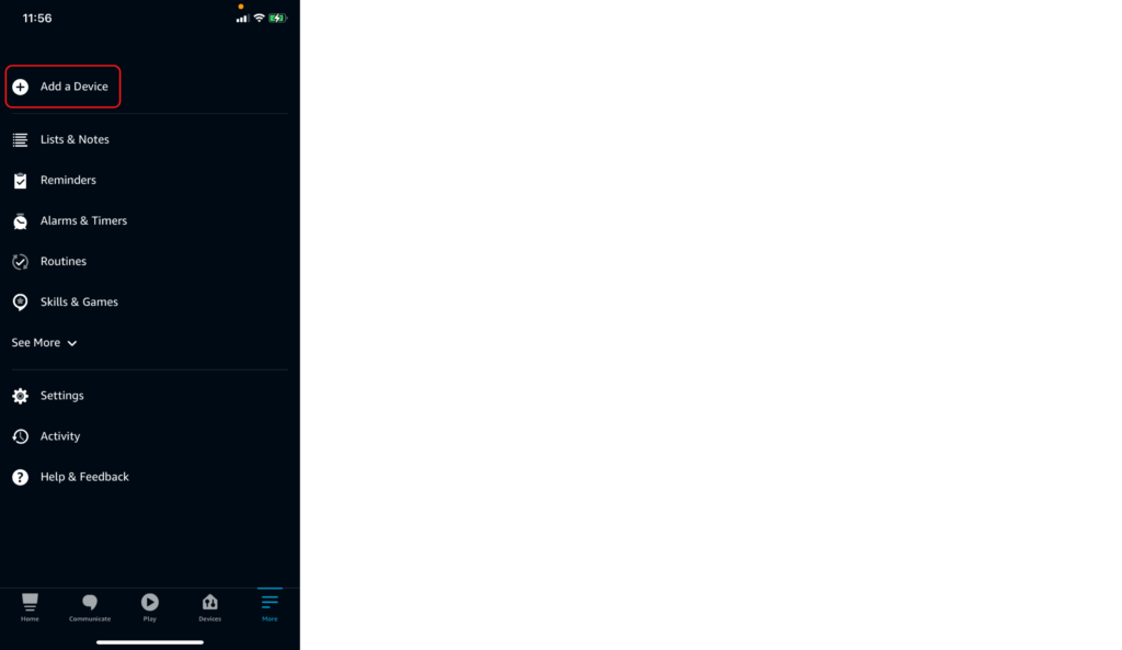 The More tab in the Amazon Alexa app, showing how to add a device