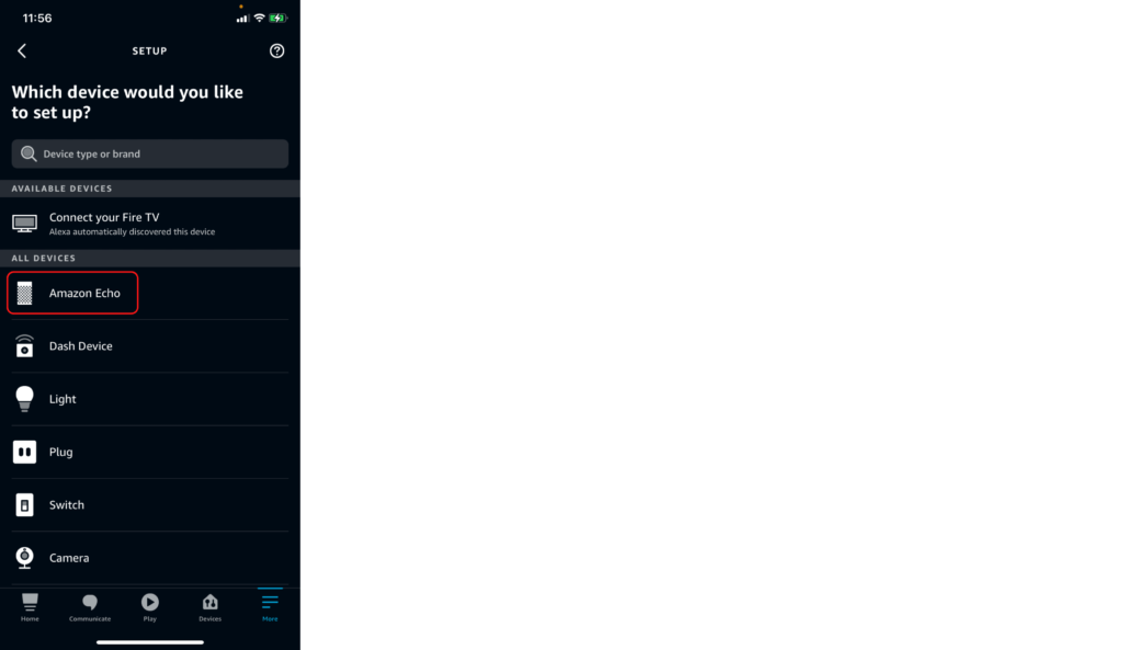 The Add a Device screen in the Alexa app, showing how to add an Echo