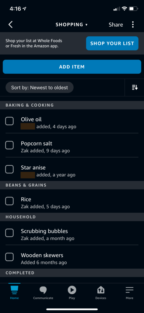 Alexa's shopping lists, one of the free Alexa app perks