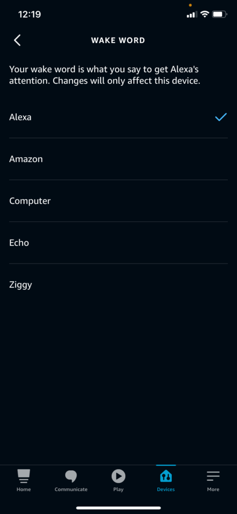 The Alexa app wake word selection screen