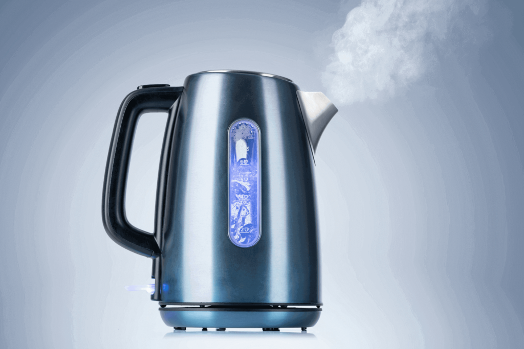 An electric tea kettle, which can be paired with a smart plug for voice activation