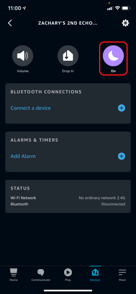 The Alexa app device screen, showing where the do-not-disturb button is