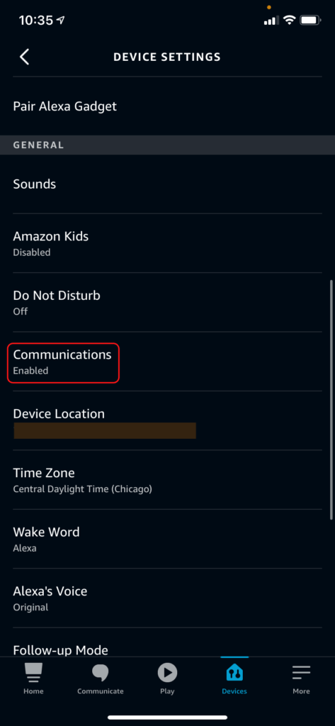 The Alexa Device Settings menu, showing the communications option