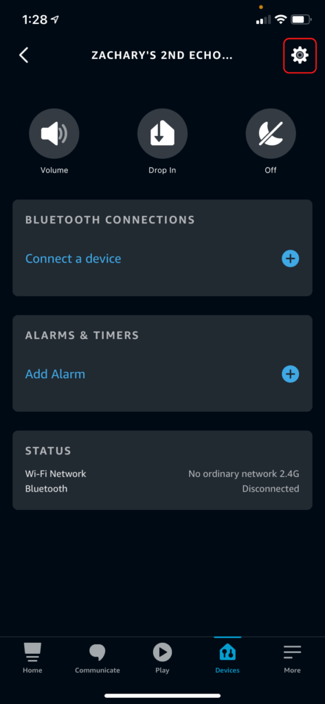 The Alexa Device screen, highlighting the Settings icon