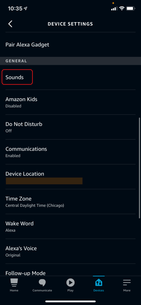 The Alexa Device Settings menu, showing the Sounds button