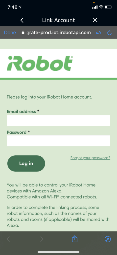 The iRobot login screen, where you'll need to link your Roomba and Alexa accounts