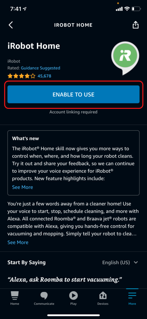 The iRobot Alexa skill, which is required to enable Alexa Roomba voice commands