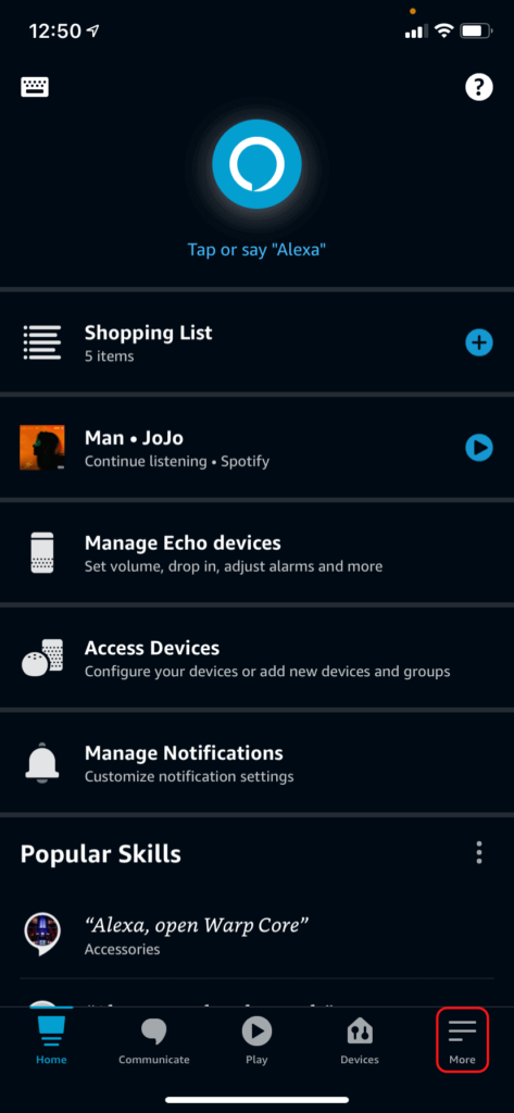 The Alexa home screen, showing the More tab
