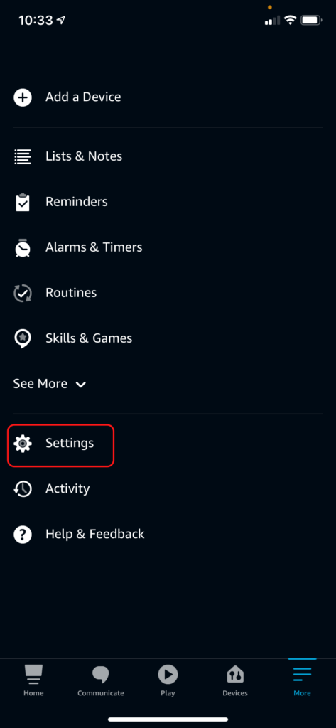 The Alexa More tab, showing the Settings button