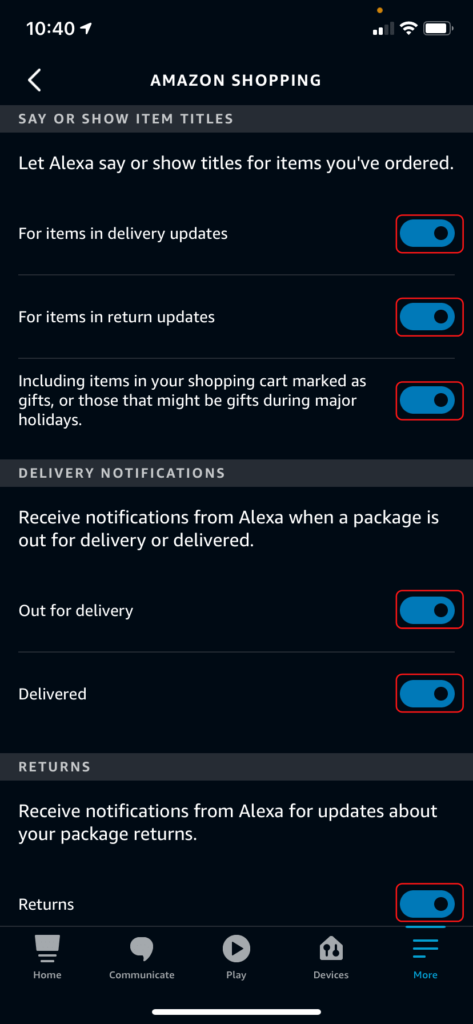 The Alexa Shopping Notifications menu, highlighting all the toggle buttons