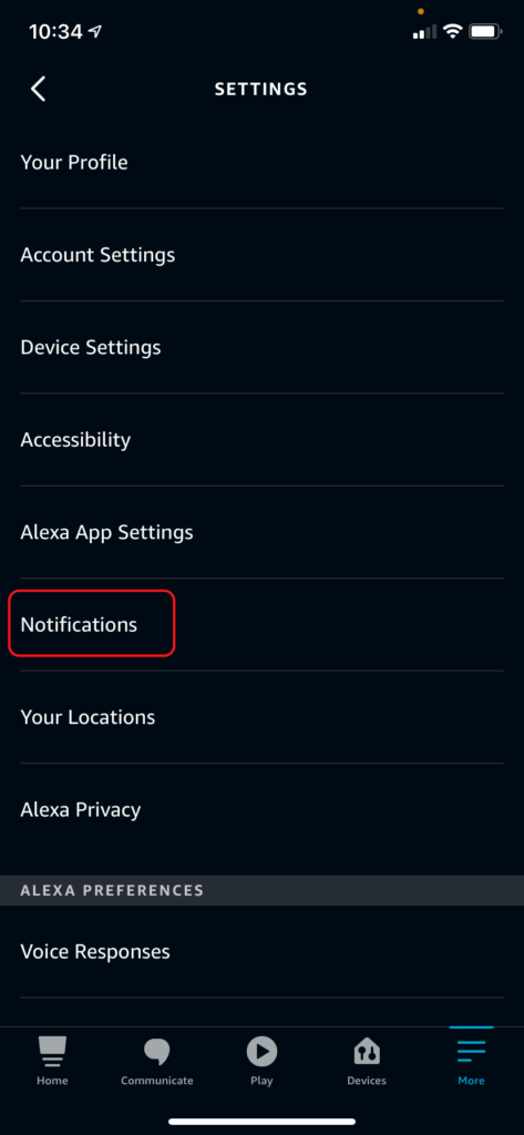 The Alexa Settings menu, showing the Notifications button