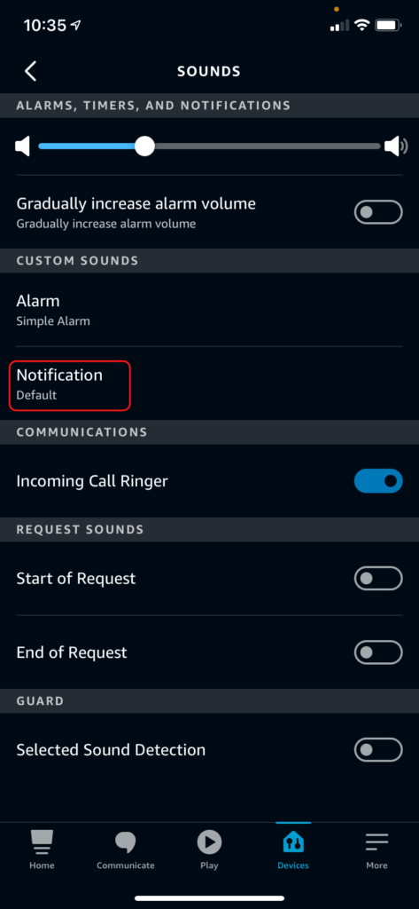 The Alexa Sounds menu, showing the  Notifications button
