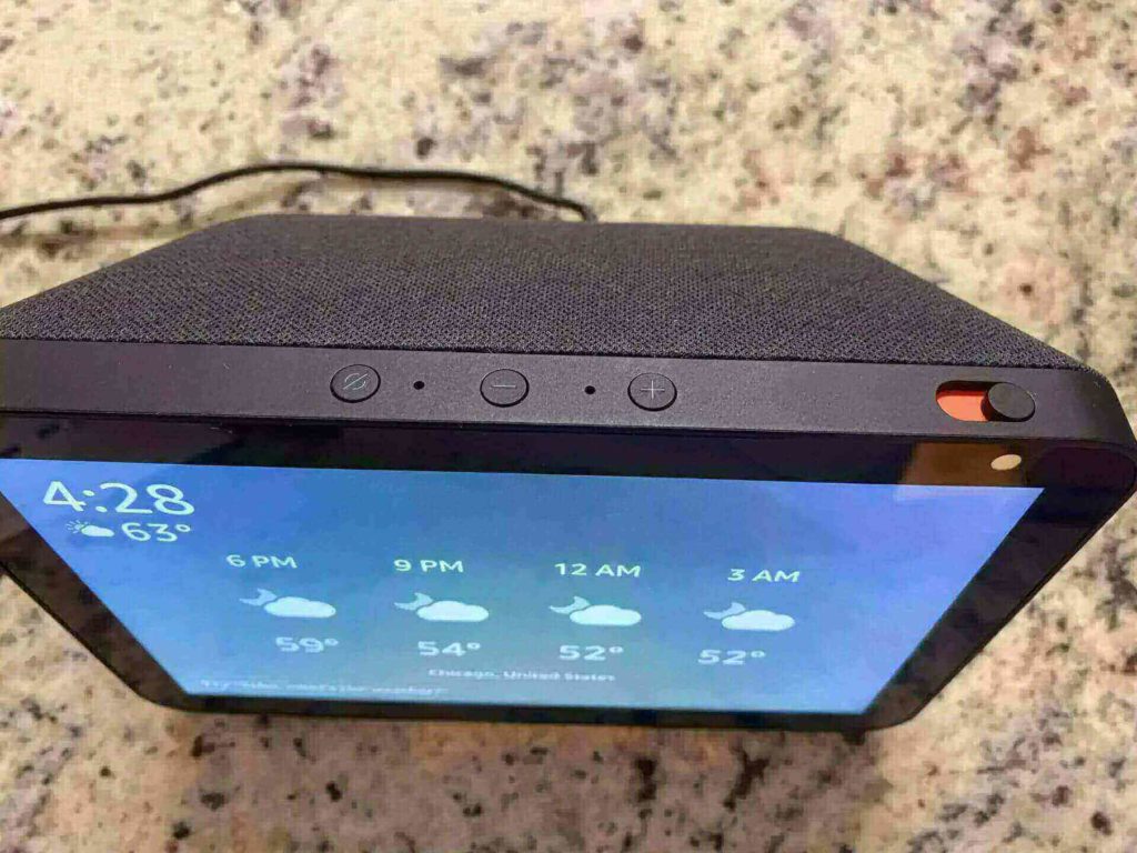 Top view of the Amazon Echo Show, letting you see all the buttons