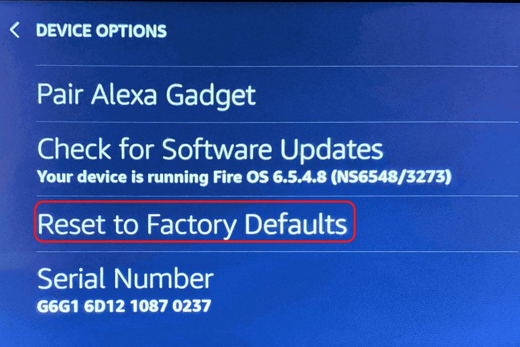 The Device Options screen on Echo Show, highlighting the factory reset option