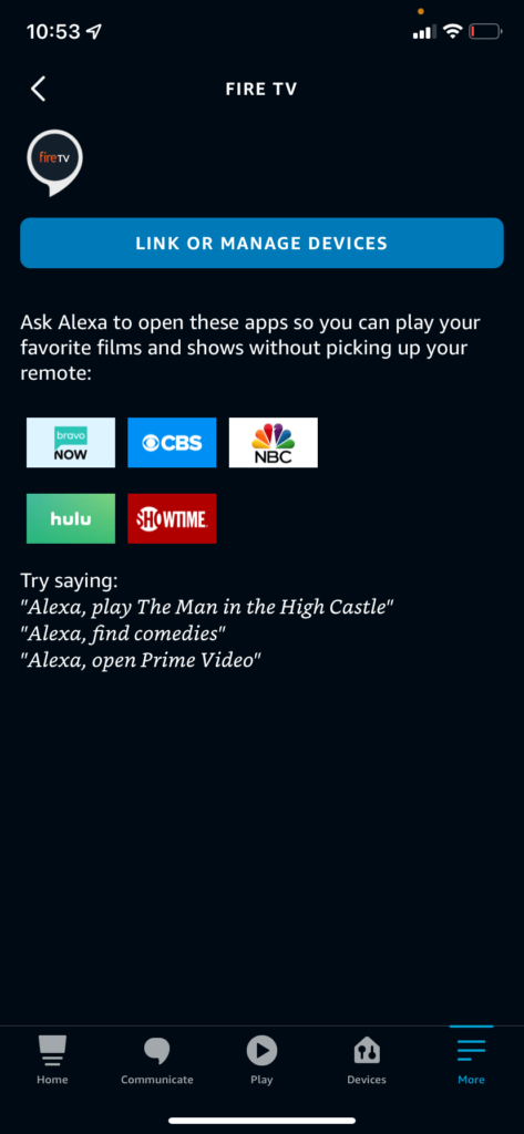 The section of the Alexa app that allows you to connect Fire TV to an Echo speaker