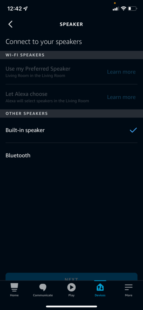 The speaker selection screen in the Alexa iPhone app