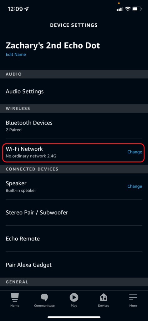 The Alexa app device settings page, highlighting the button for changing Wi-Fi networks