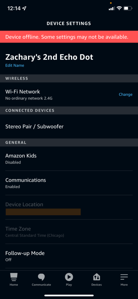The Amazon Alexa app, showing an offline echo dot error