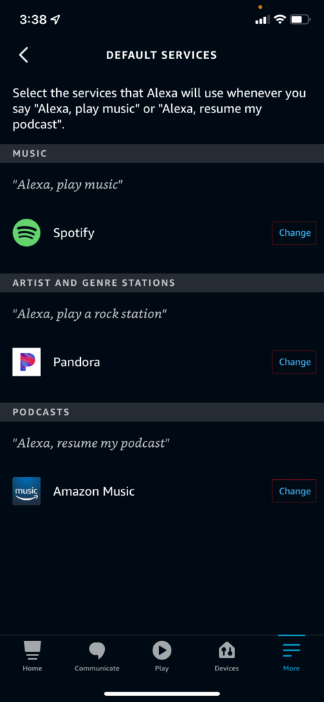 The default music service selection screen in the Alexa app