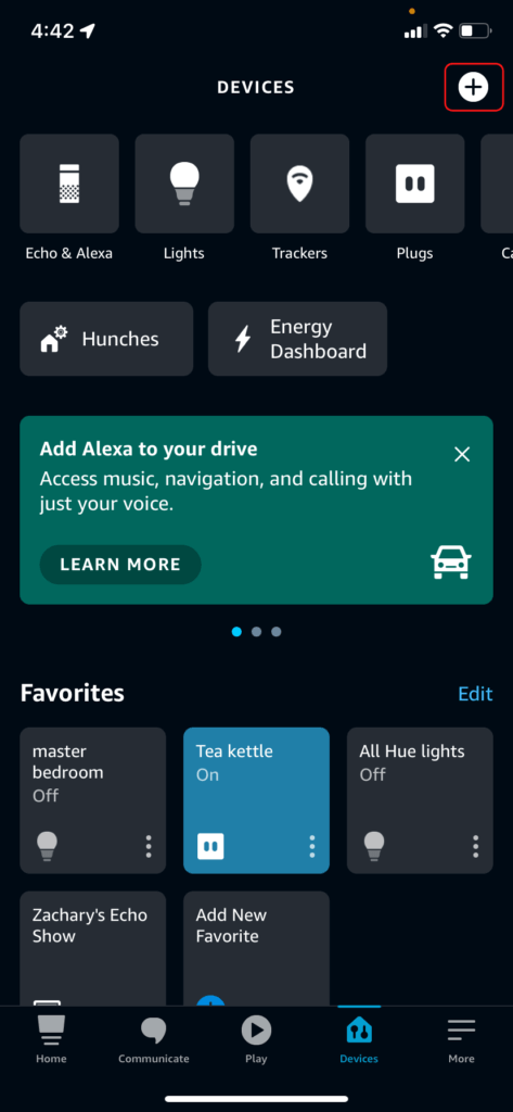 The Alexa Device screen, highlighting the add button