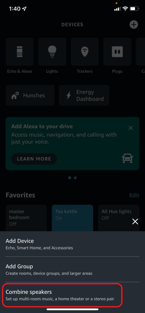 The Alexa add device screen, showing how to combine speakers