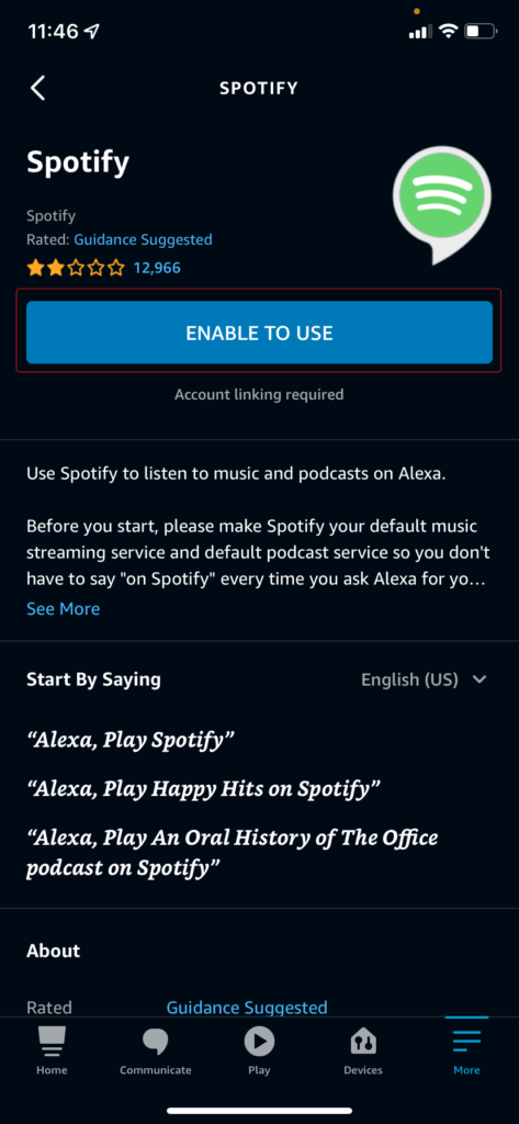 The Alexa Spotify skill in the Amazon Alexa app
