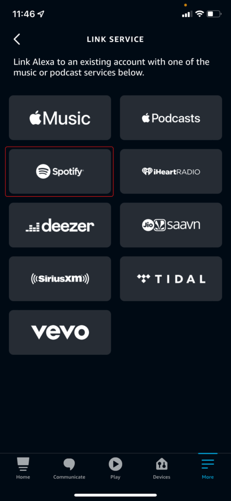 The Alexa app menu for linking a new music service, highlighting how to connect Alexa to Spotify