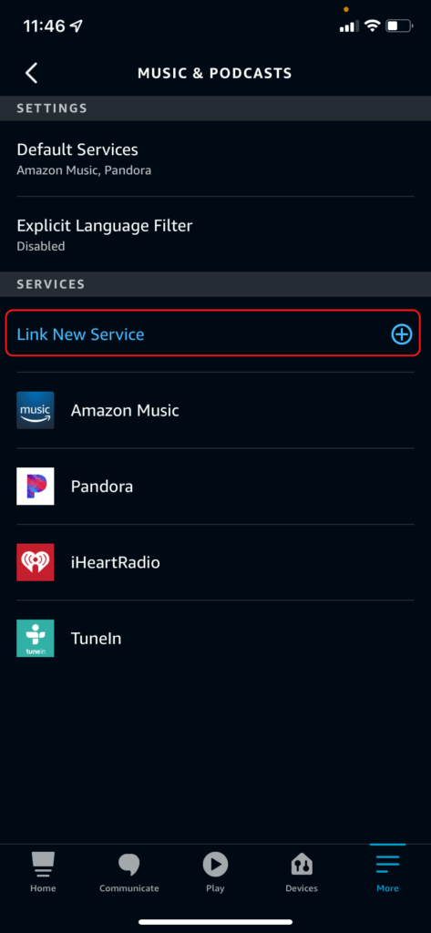 The Alexa app music menu, showing how to link a new service