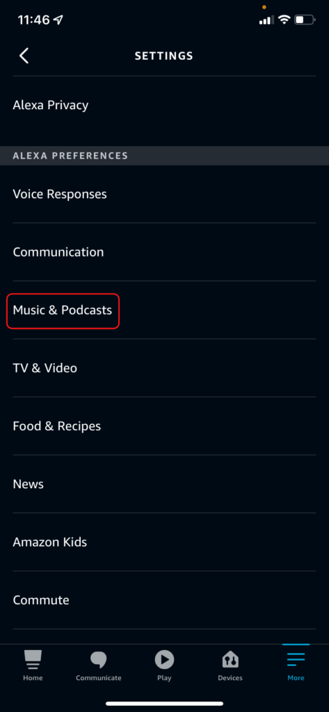 The Alexa app settings page, showing the Music & Podcasts option 