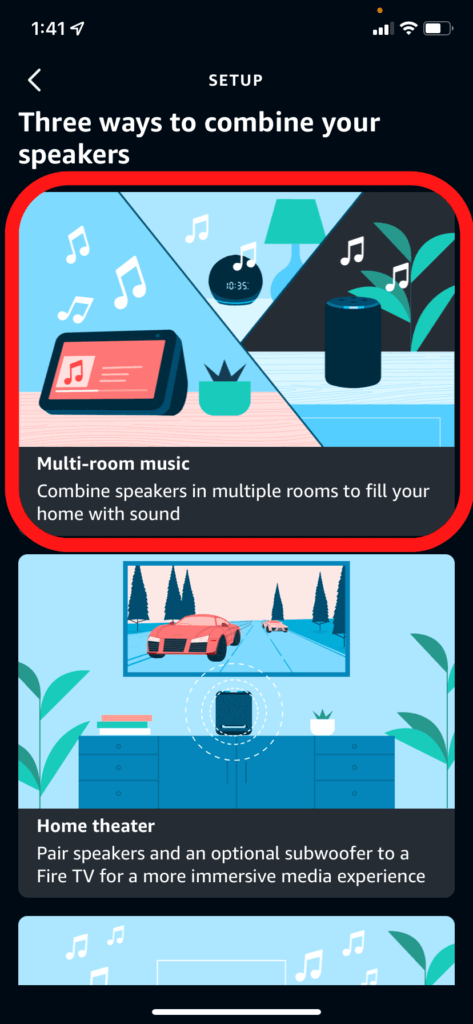 The combine speakers screen in the Alexa app, showing how to create a Multi-room Music group