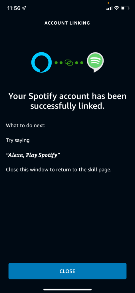 The confirmation page you'll see after you successfully link Spotify with Alexa