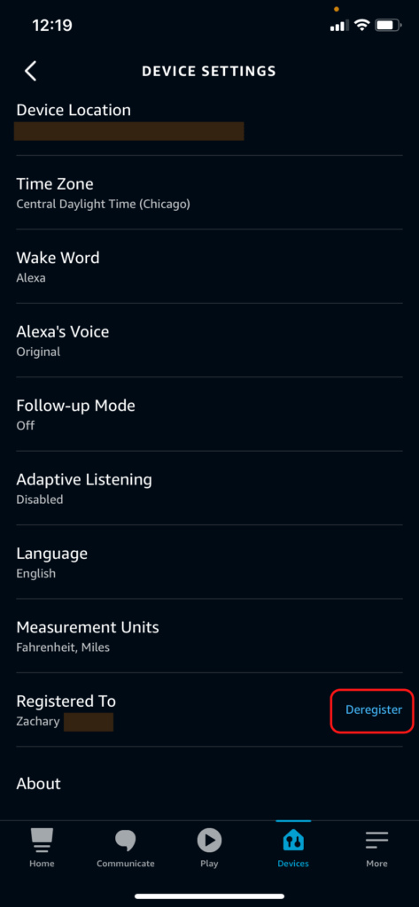 The Alexa app device settings screen, highlighting the deregister option