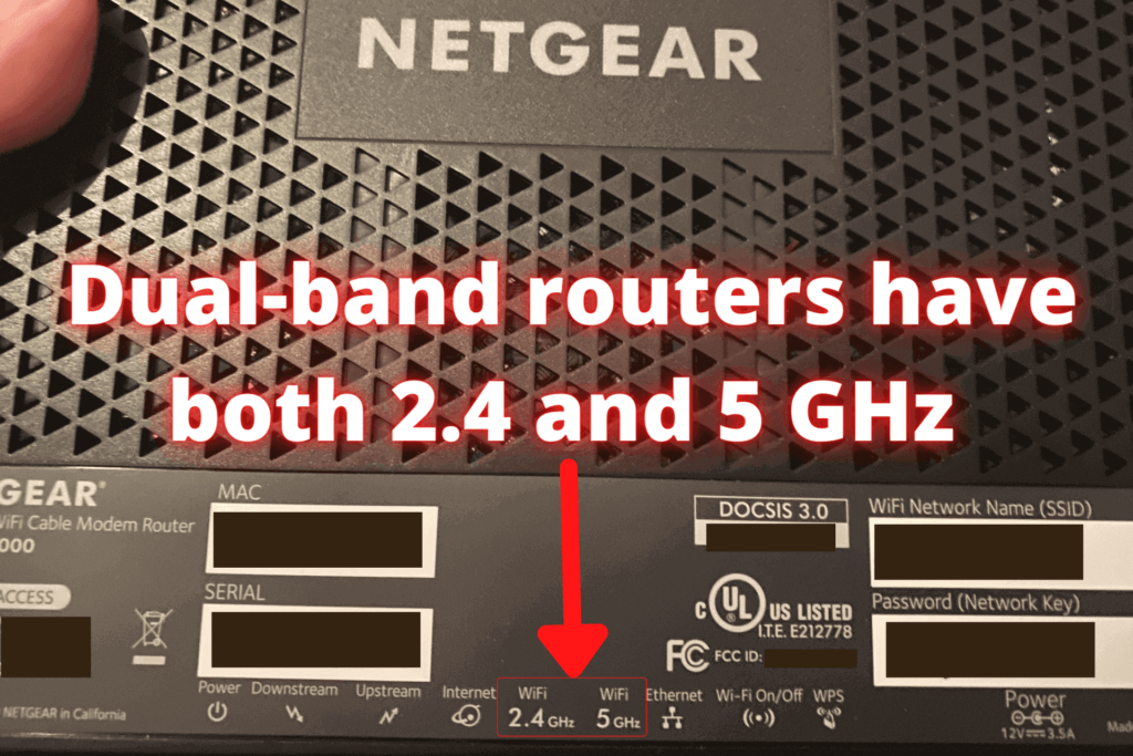 A Netgear dual-band router, highlighting where the label shows the two Wi-Fi bands.
