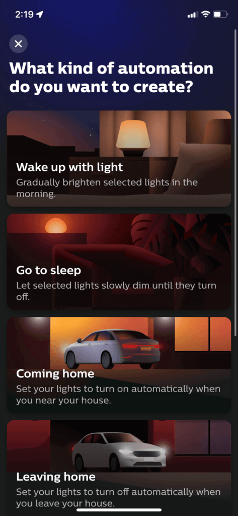 The automation selection screen in the Philips Hue app