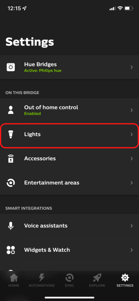 The Lights button in the Hue Settings menu