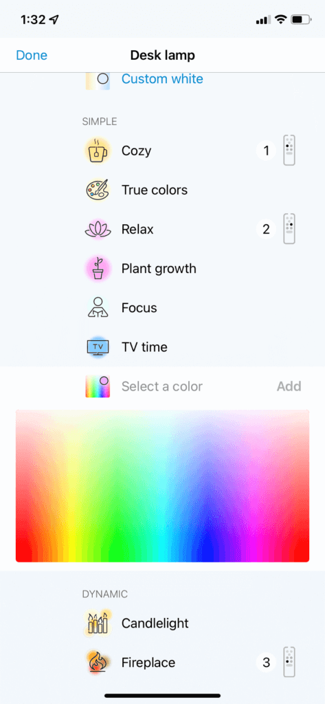 The WiZ app color selection screen 