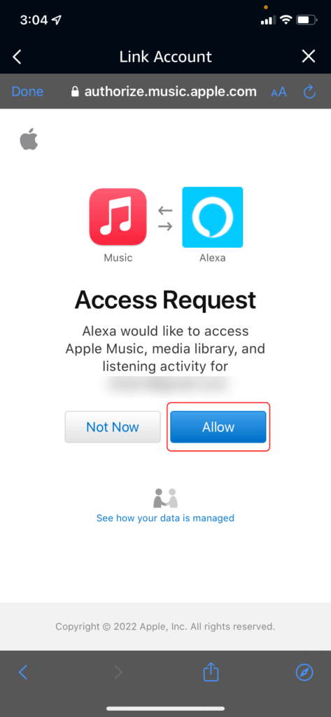 Allowing Alexa access to your Apple music account for the Alexa Apple Music skill