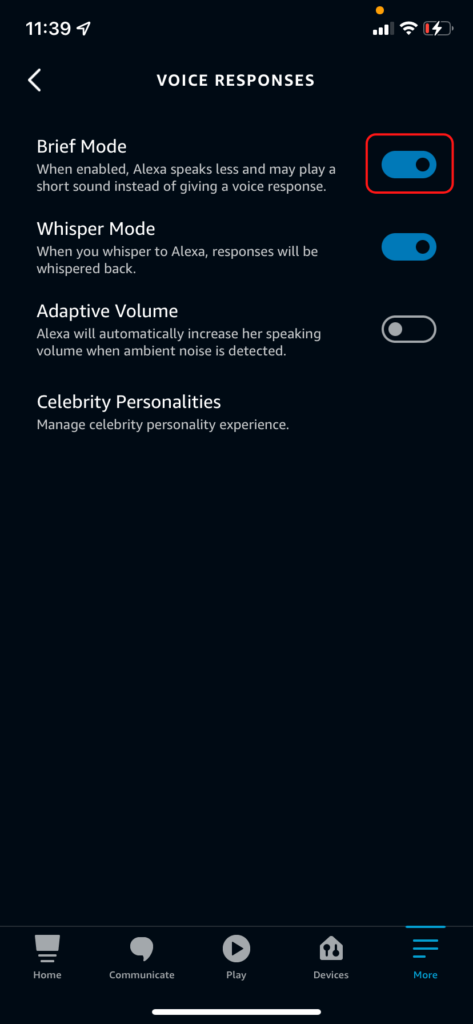 The Alexa voice responses page, showing how to toggle brief mode on or off