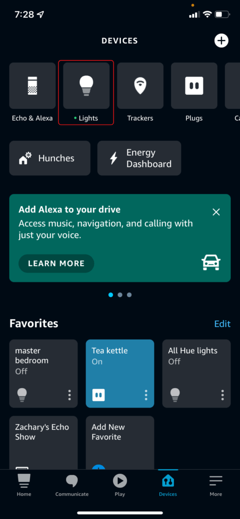 The Alexa app device screen, showing the Lights select button