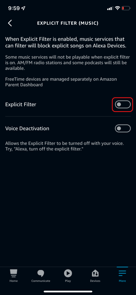 The explicit language filter toggle in the Alexa iPhone app