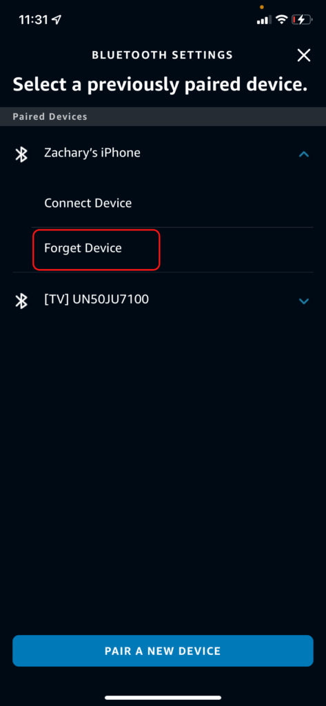 The Alexa paired Bluetooth device screen, showing how to forget a device