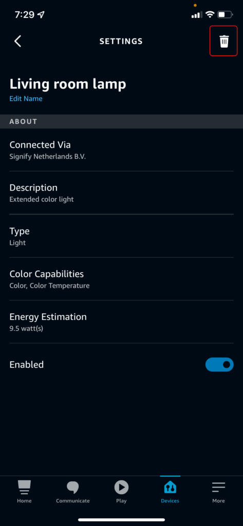 The Alexa light settings screen, showing the delete button