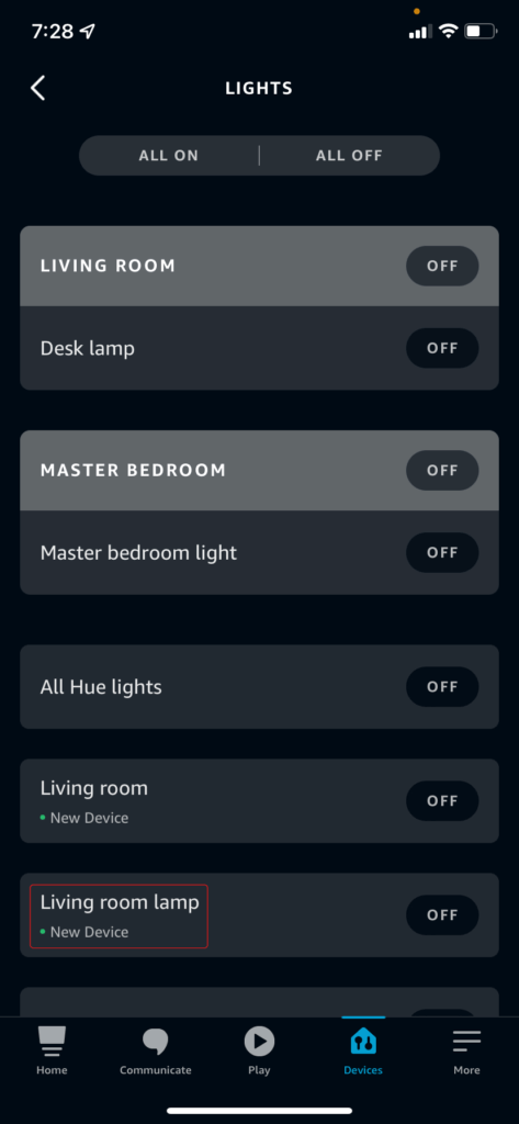 The Alexa Lights screen, showing how to select a single lamp