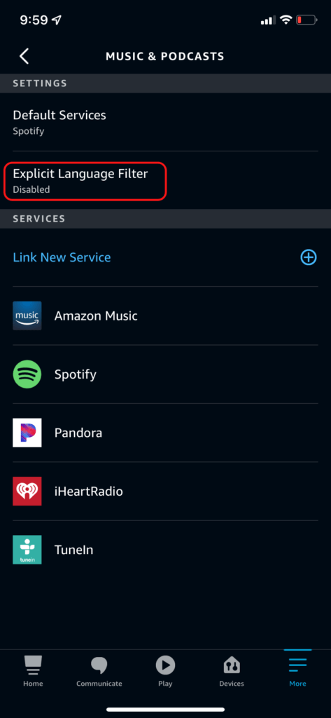 Selecting the explicit filter in the Alexa app