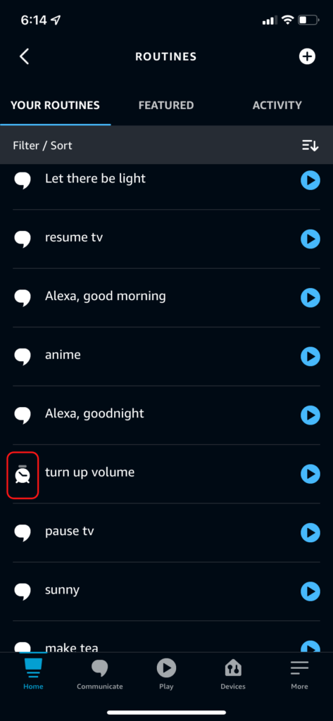 The Alexa routines list, highlighting the icon for a scheduled routine